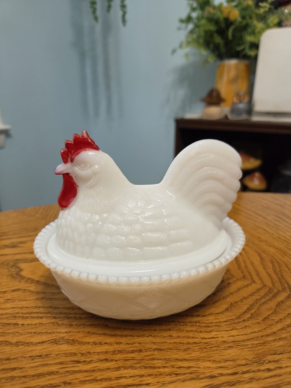 Vintage Westmoreland Milk Glass Hen on Nest Covered Dish Red Comb Painted As Is